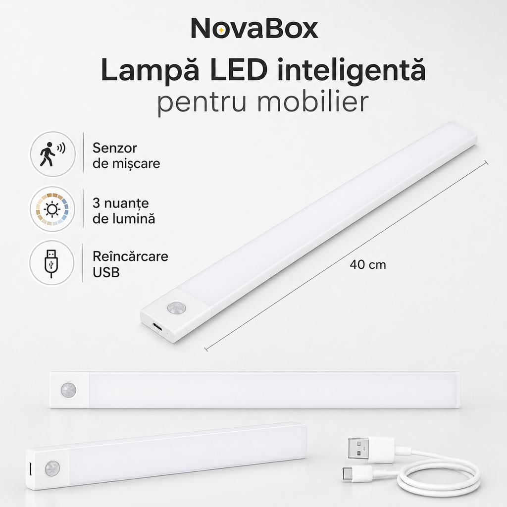 Lampă LED inteligentă NovaBox pentru mobilier, 40 cm, senzor de mișcare, 3 nuanțe și încărcare USB