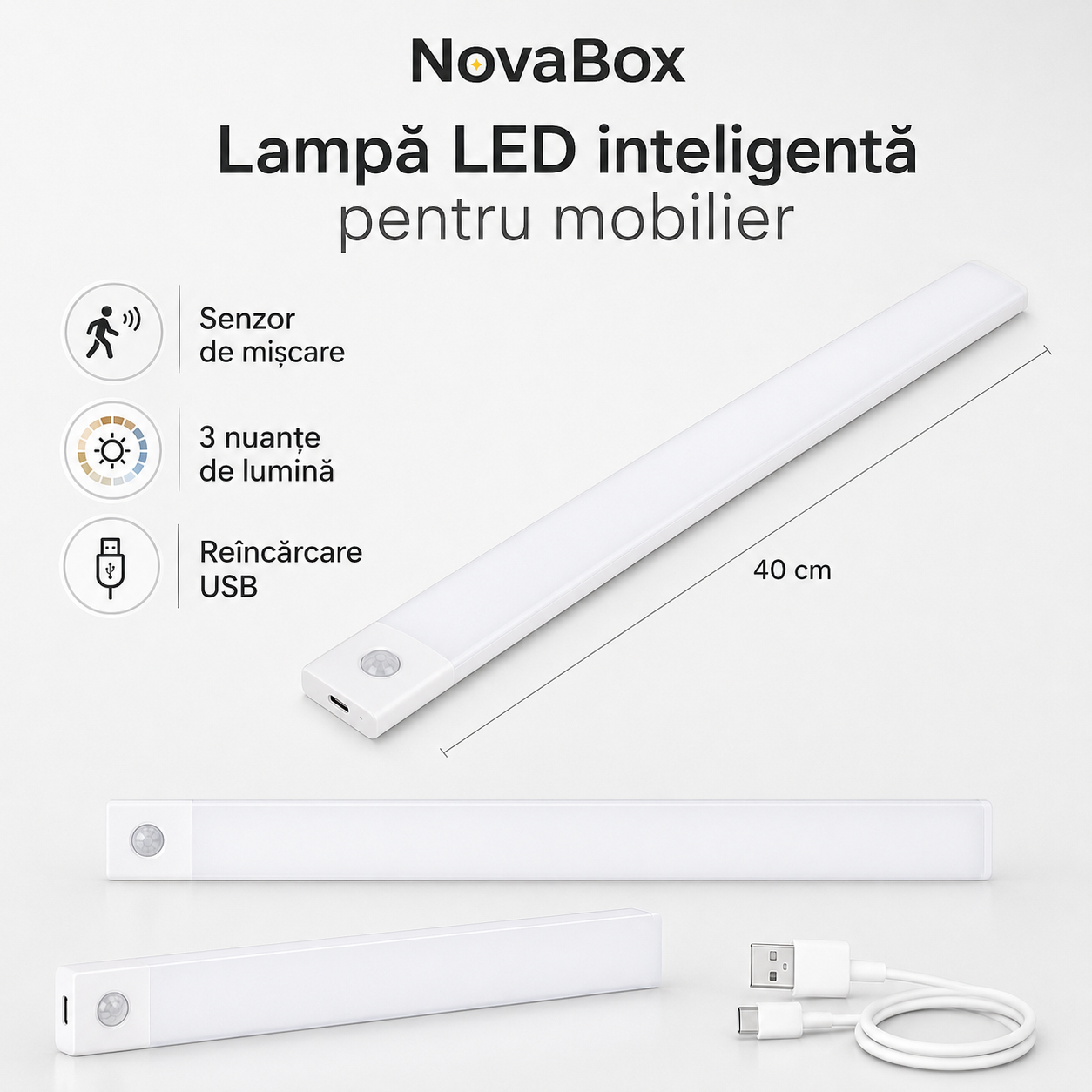 Lampă LED inteligentă NovaBox pentru mobilier, 40 cm, senzor de mișcare, 3 nuanțe și încărcare USB