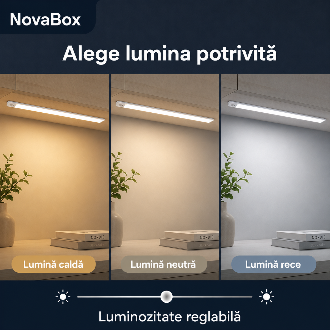 Lampă LED inteligentă NovaBox pentru mobilier, 40 cm, senzor de mișcare, 3 nuanțe și încărcare USB