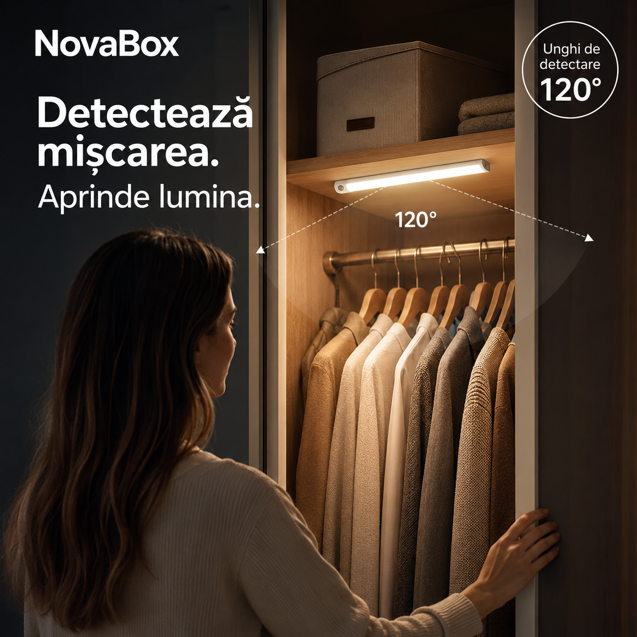 Lampă LED inteligentă NovaBox pentru mobilier, 40 cm, senzor de mișcare, 3 nuanțe și încărcare USB