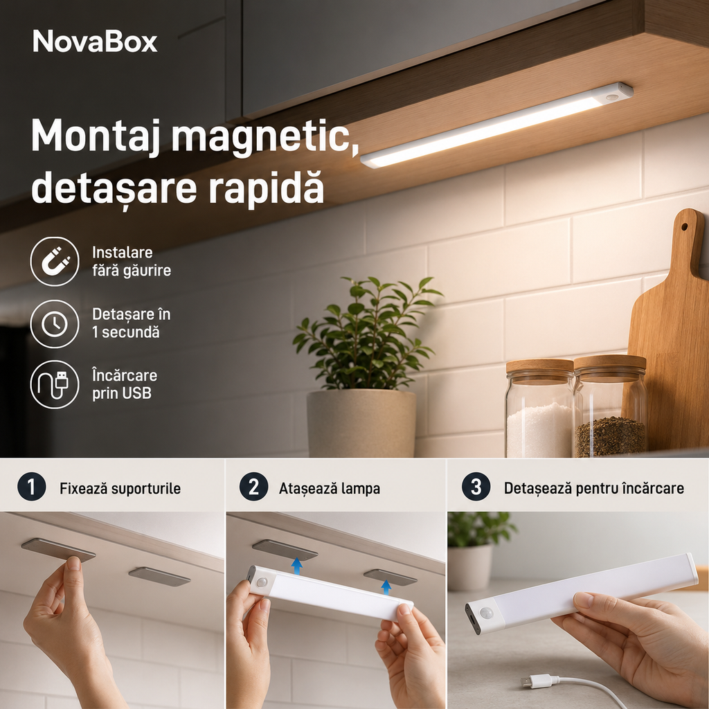 Lampă LED inteligentă NovaBox pentru mobilier, 40 cm, senzor de mișcare, 3 nuanțe și încărcare USB