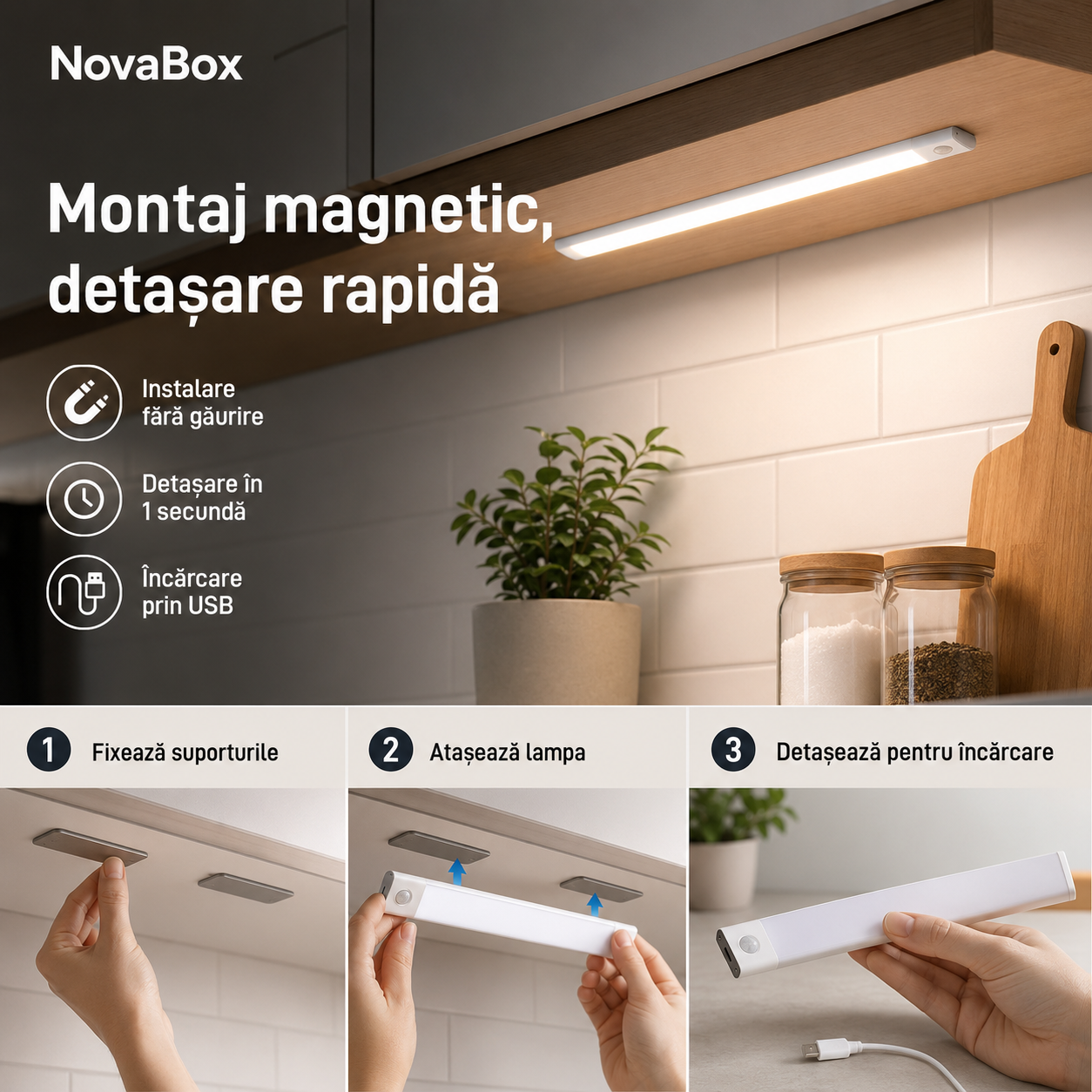 Lampă LED inteligentă NovaBox pentru mobilier, 40 cm, senzor de mișcare, 3 nuanțe și încărcare USB