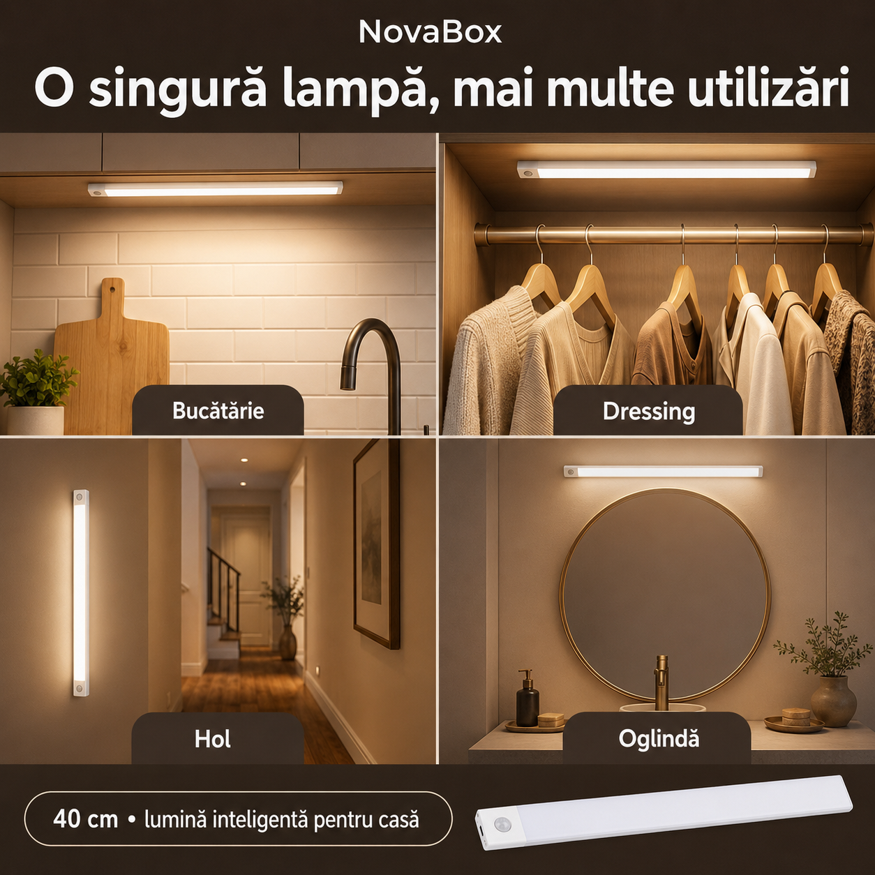 Lampă LED inteligentă NovaBox pentru mobilier, 40 cm, senzor de mișcare, 3 nuanțe și încărcare USB
