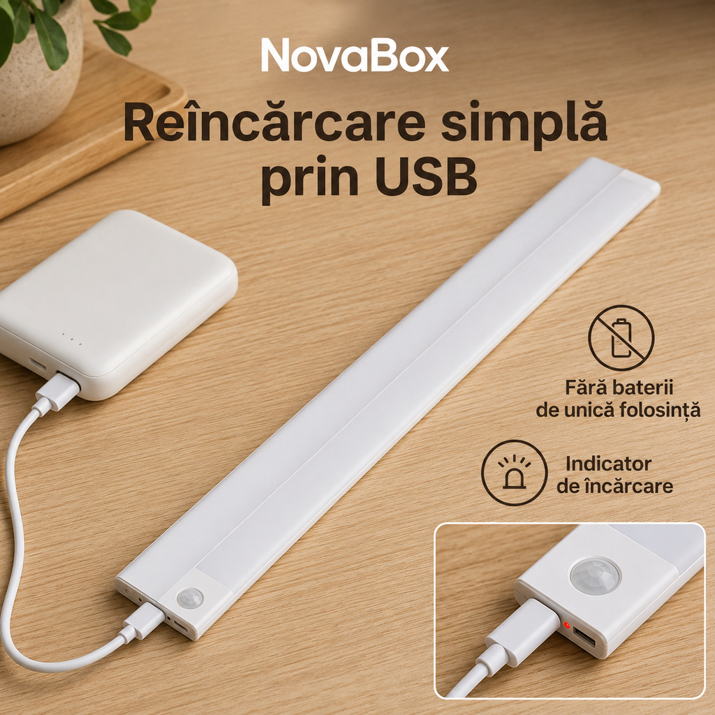 Lampă LED inteligentă NovaBox pentru mobilier, 40 cm, senzor de mișcare, 3 nuanțe și încărcare USB