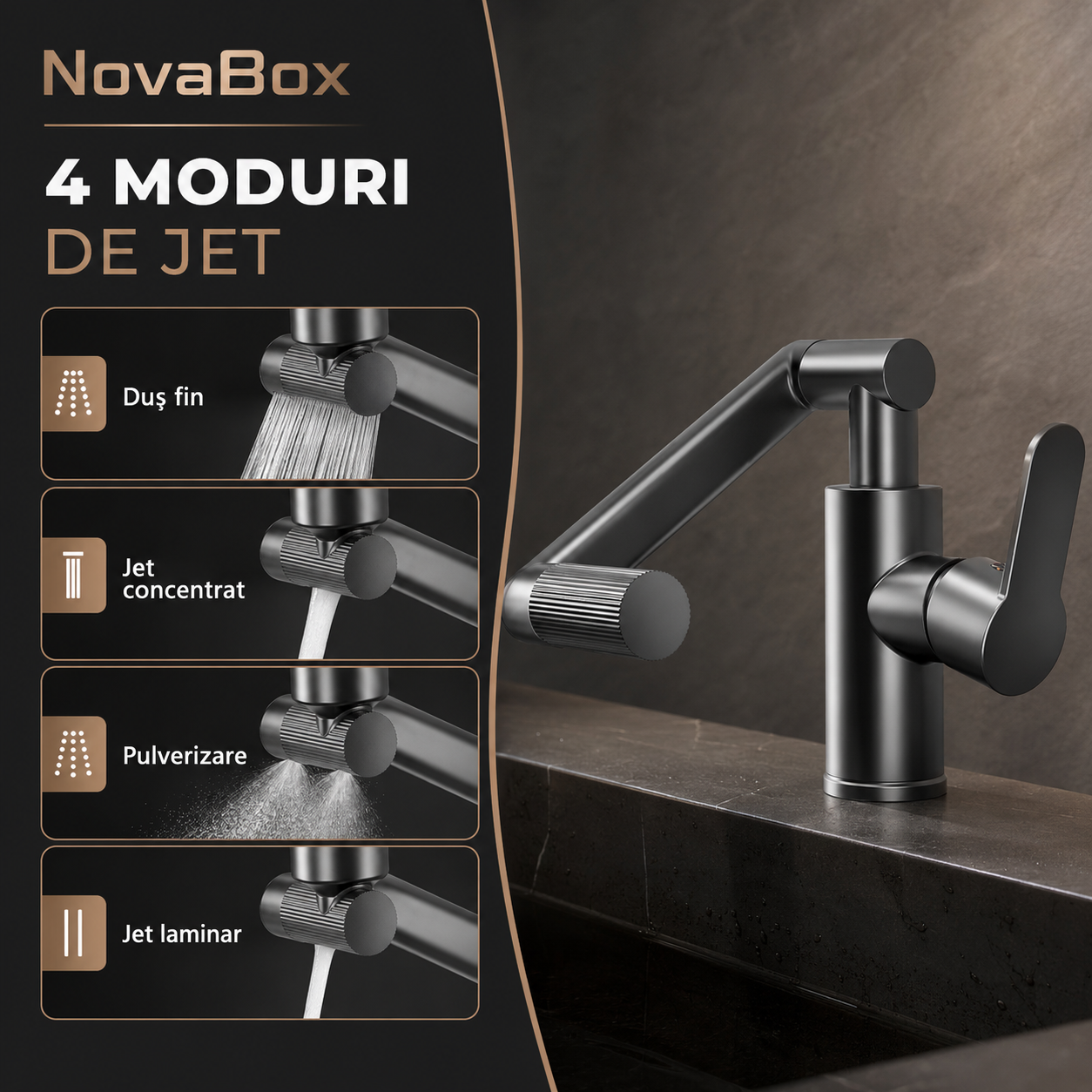 Baterie universală NovaBox cu braț articulat, rotație 1080°, 4 moduri de jet, apă caldă și rece – finisaj gri antracit