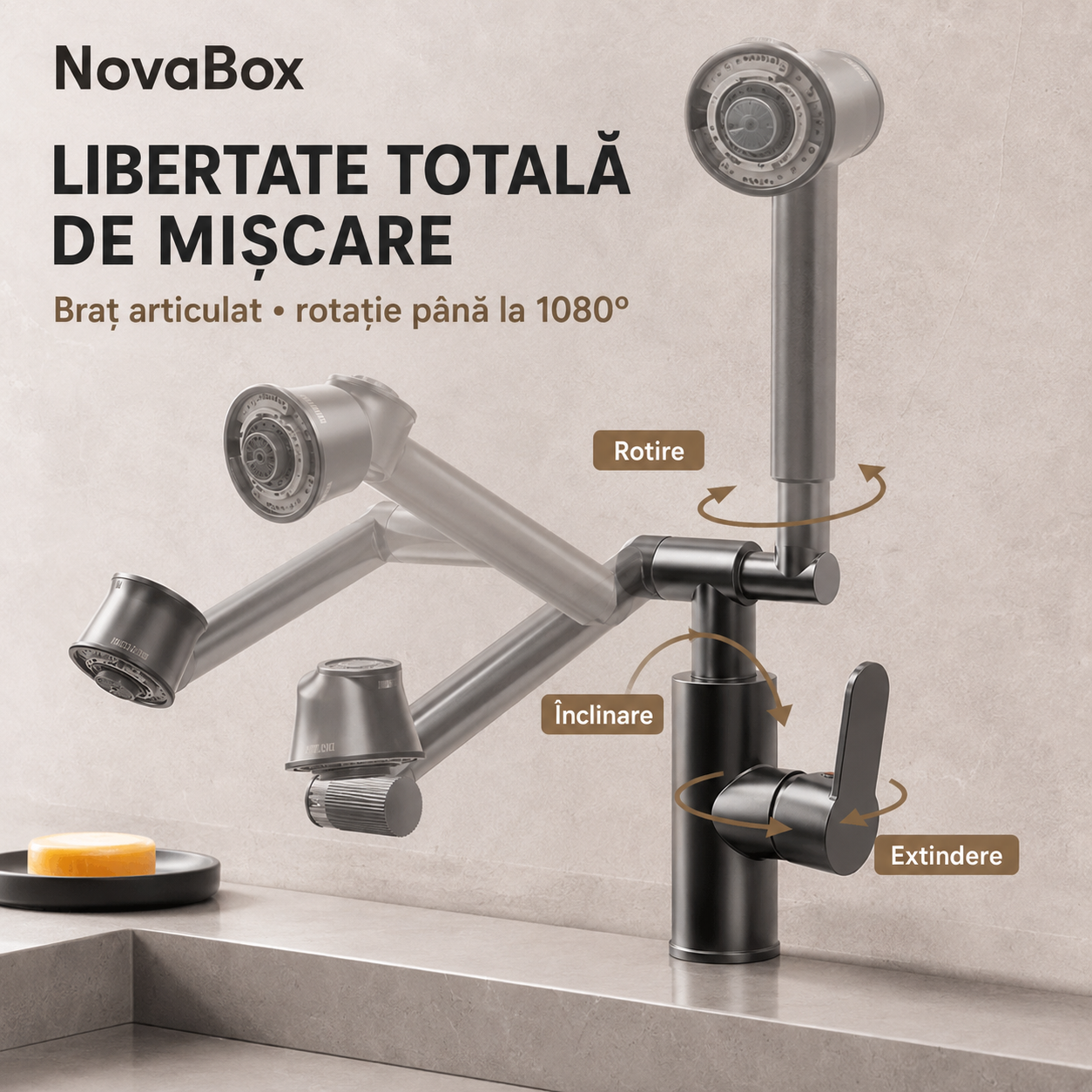 Baterie universală NovaBox cu braț articulat, rotație 1080°, 4 moduri de jet, apă caldă și rece – finisaj gri antracit