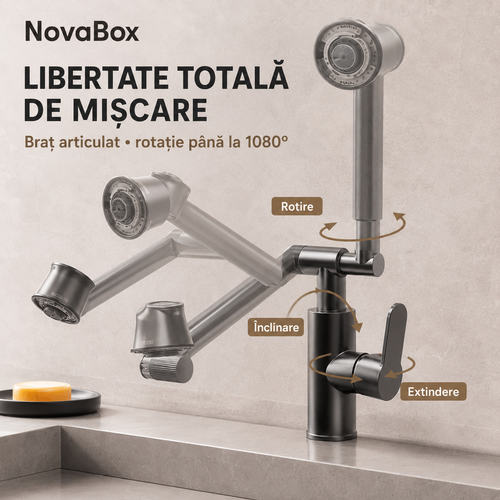 Baterie universală NovaBox cu braț articulat, rotație 1080°, 4 moduri de jet, apă caldă și rece – finisaj gri antracit