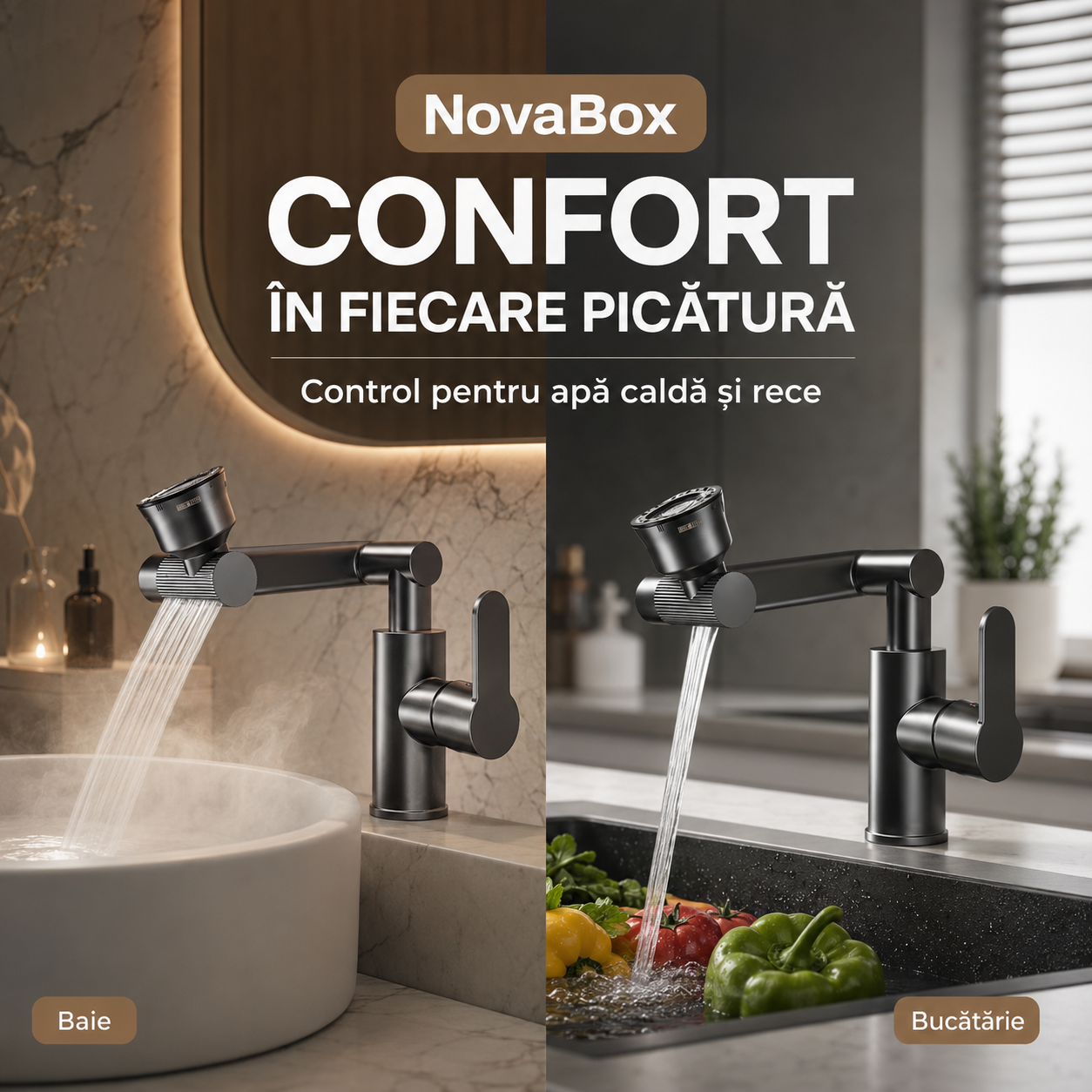 Baterie universală NovaBox cu braț articulat, rotație 1080°, 4 moduri de jet, apă caldă și rece – finisaj gri antracit