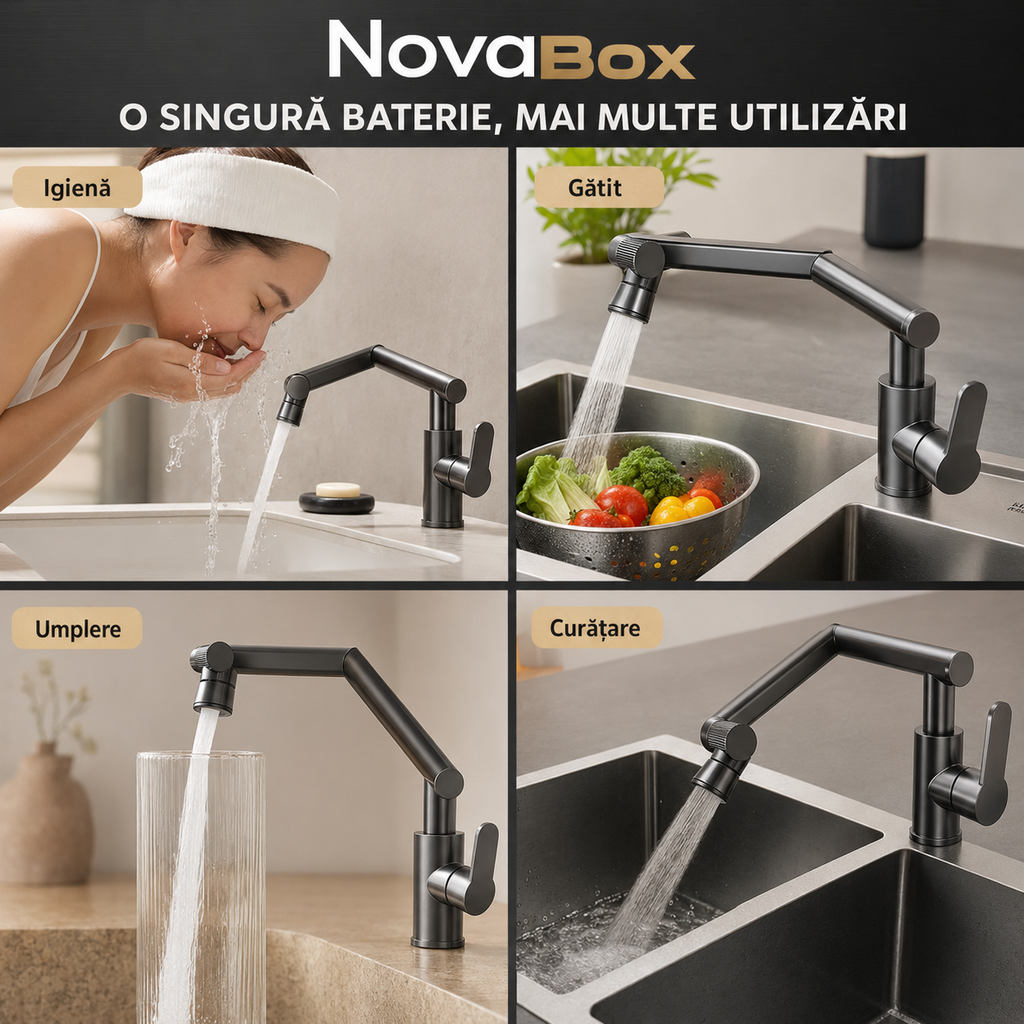 Baterie universală NovaBox cu braț articulat, rotație 1080°, 4 moduri de jet, apă caldă și rece – finisaj gri antracit