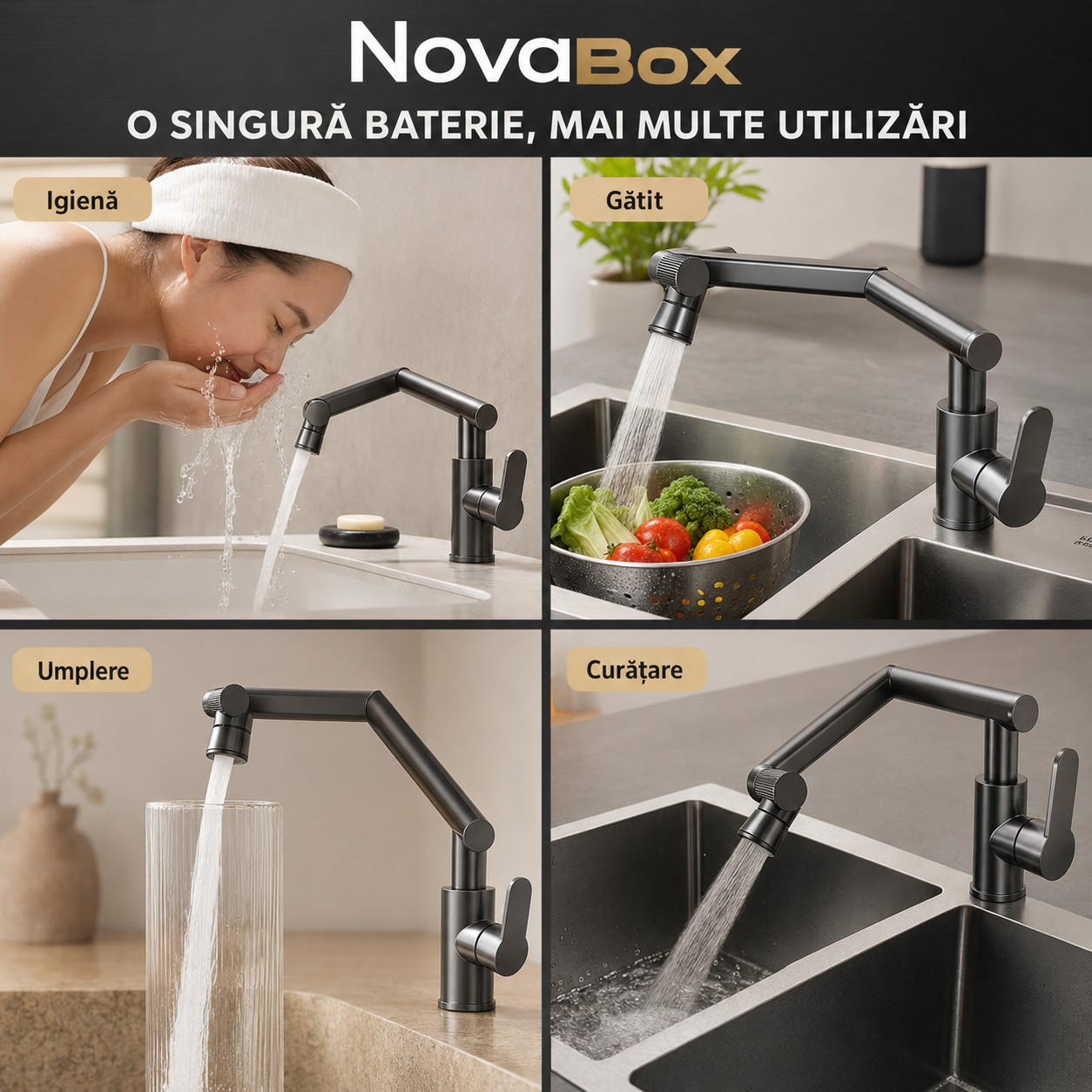 Baterie universală NovaBox cu braț articulat, rotație 1080°, 4 moduri de jet, apă caldă și rece – finisaj gri antracit