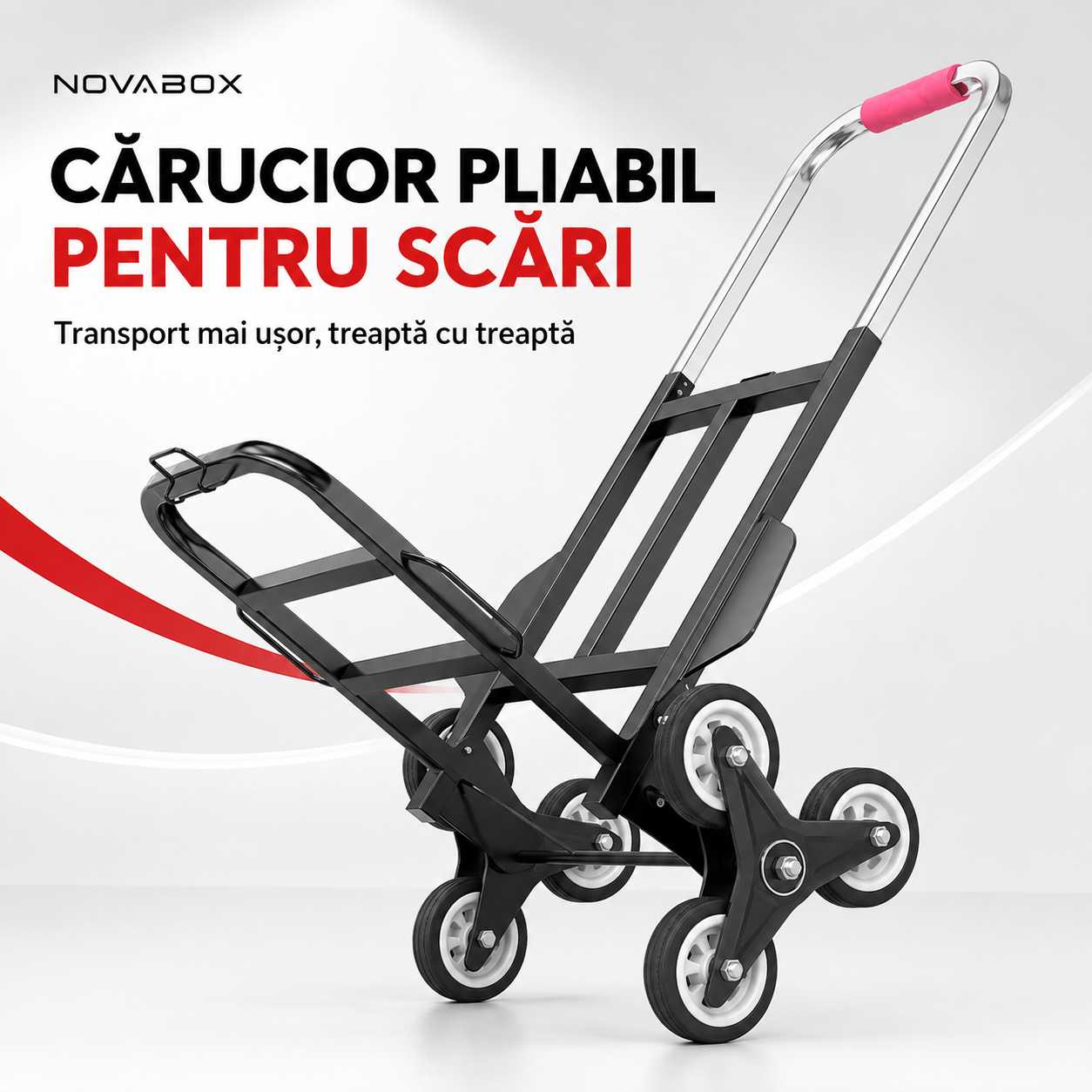 Cărucior pliabil NovaBox pentru transport pe scări, cu 6 roți, cadru metalic și 3 corzi de fixare