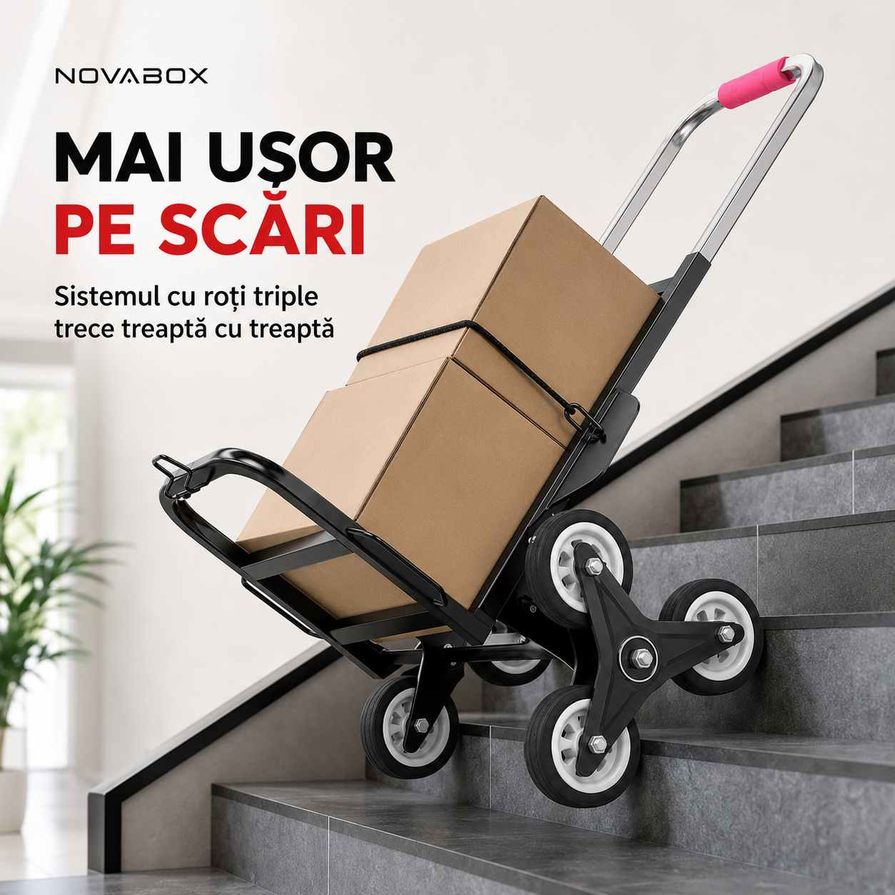Cărucior pliabil NovaBox pentru transport pe scări, cu 6 roți, cadru metalic și 3 corzi de fixare