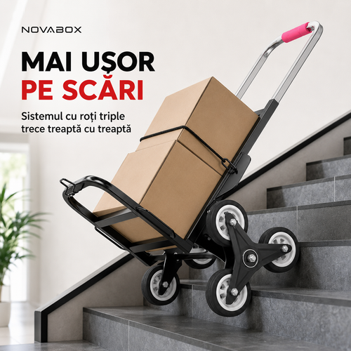 Cărucior pliabil NovaBox pentru transport pe scări, cu 6 roți, cadru metalic și 3 corzi de fixare