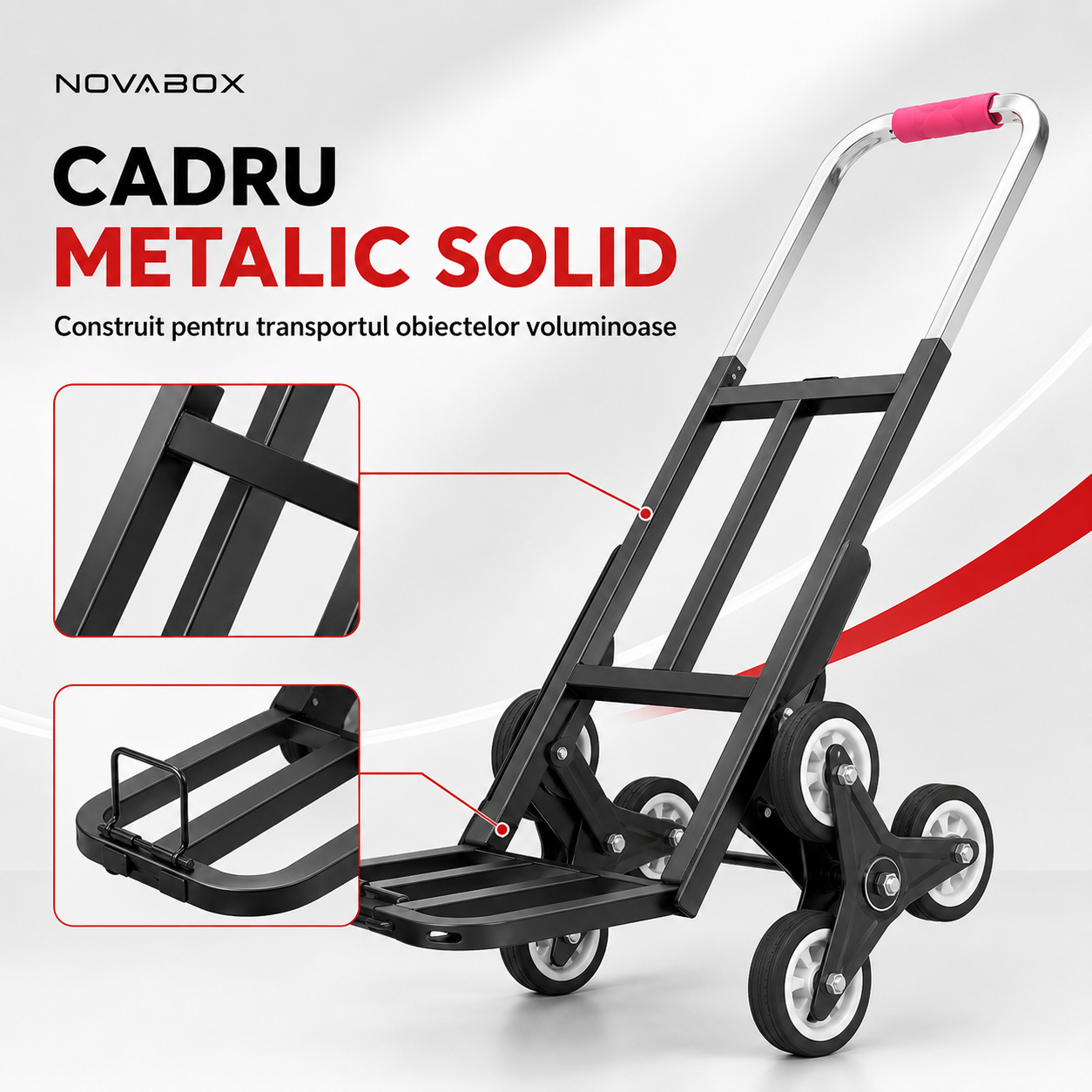 Cărucior pliabil NovaBox pentru transport pe scări, cu 6 roți, cadru metalic și 3 corzi de fixare