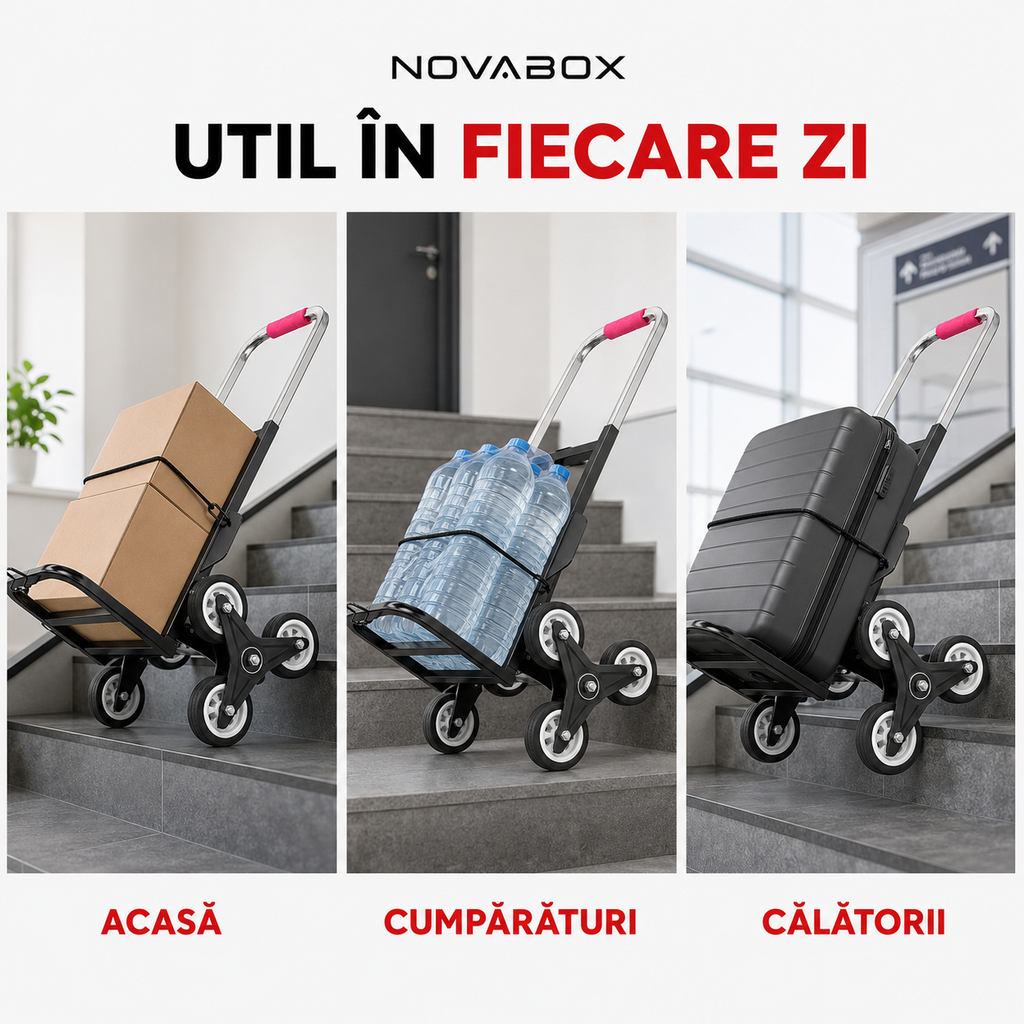 Cărucior pliabil NovaBox pentru transport pe scări, cu 6 roți, cadru metalic și 3 corzi de fixare