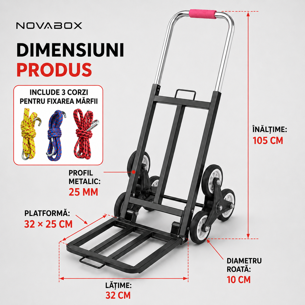 Cărucior pliabil NovaBox pentru transport pe scări, cu 6 roți, cadru metalic și 3 corzi de fixare
