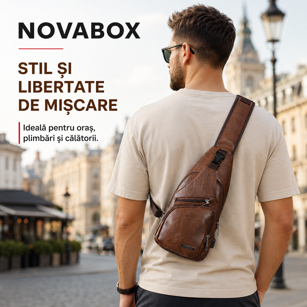 Geantă Crossbody NovaBox pentru Bărbați, din Piele Ecologică PU, cu Port USB și Design Anti-Furt – Maro