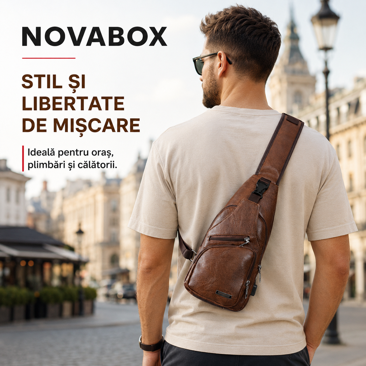 Geantă Crossbody NovaBox pentru Bărbați, din Piele Ecologică PU, cu Port USB și Design Anti-Furt – Maro