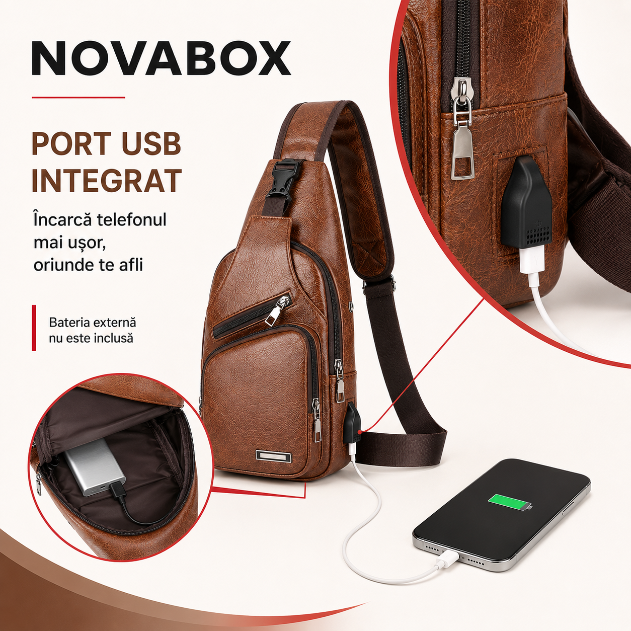 Geantă Crossbody NovaBox pentru Bărbați, din Piele Ecologică PU, cu Port USB și Design Anti-Furt – Maro