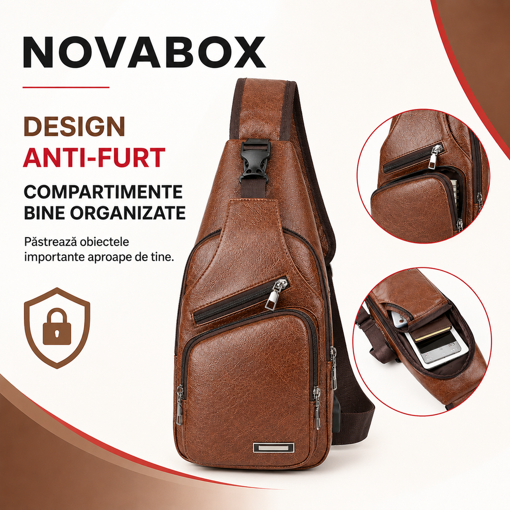 Geantă Crossbody NovaBox pentru Bărbați, din Piele Ecologică PU, cu Port USB și Design Anti-Furt – Maro