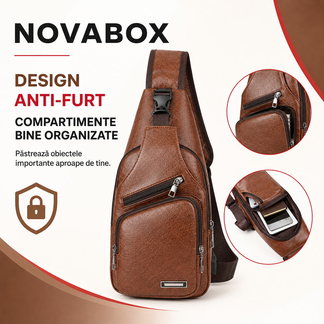 Geantă Crossbody NovaBox pentru Bărbați, din Piele Ecologică PU, cu Port USB și Design Anti-Furt – Maro