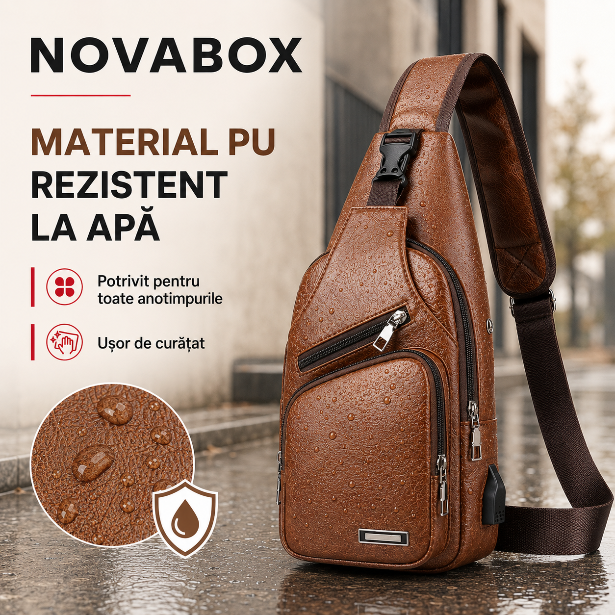 Geantă Crossbody NovaBox pentru Bărbați, din Piele Ecologică PU, cu Port USB și Design Anti-Furt – Maro