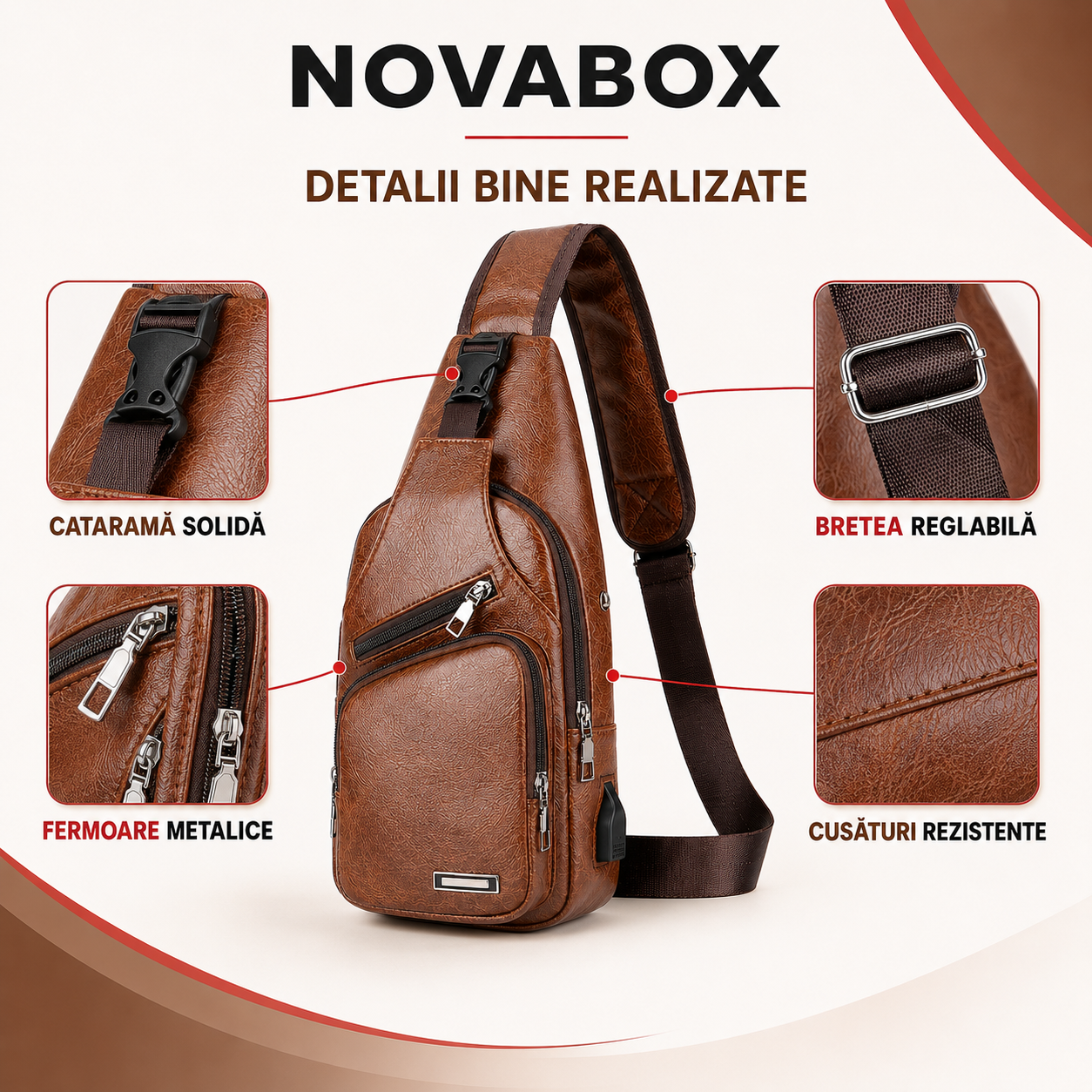 Geantă Crossbody NovaBox pentru Bărbați, din Piele Ecologică PU, cu Port USB și Design Anti-Furt – Maro
