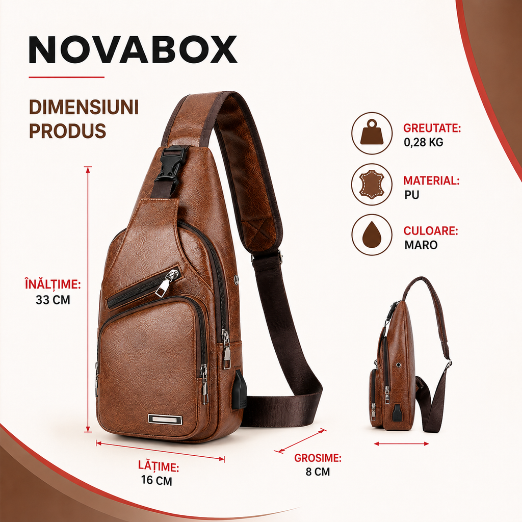 Geantă Crossbody NovaBox pentru Bărbați, din Piele Ecologică PU, cu Port USB și Design Anti-Furt – Maro