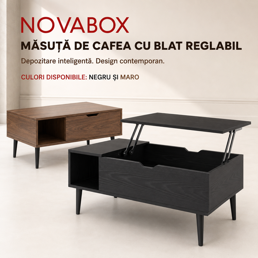 Măsuță de Cafea NOVABOX cu Blat Reglabil și Spațiu de Depozitare Ascuns, 100 × 50 cm, Negru/Maro