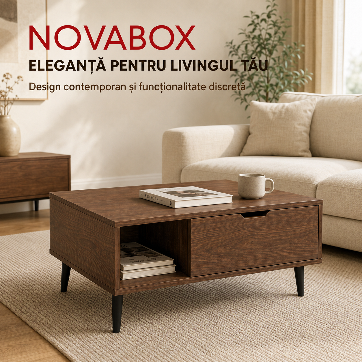 Măsuță de Cafea NOVABOX cu Blat Reglabil și Spațiu de Depozitare Ascuns, 100 × 50 cm, Negru/Maro
