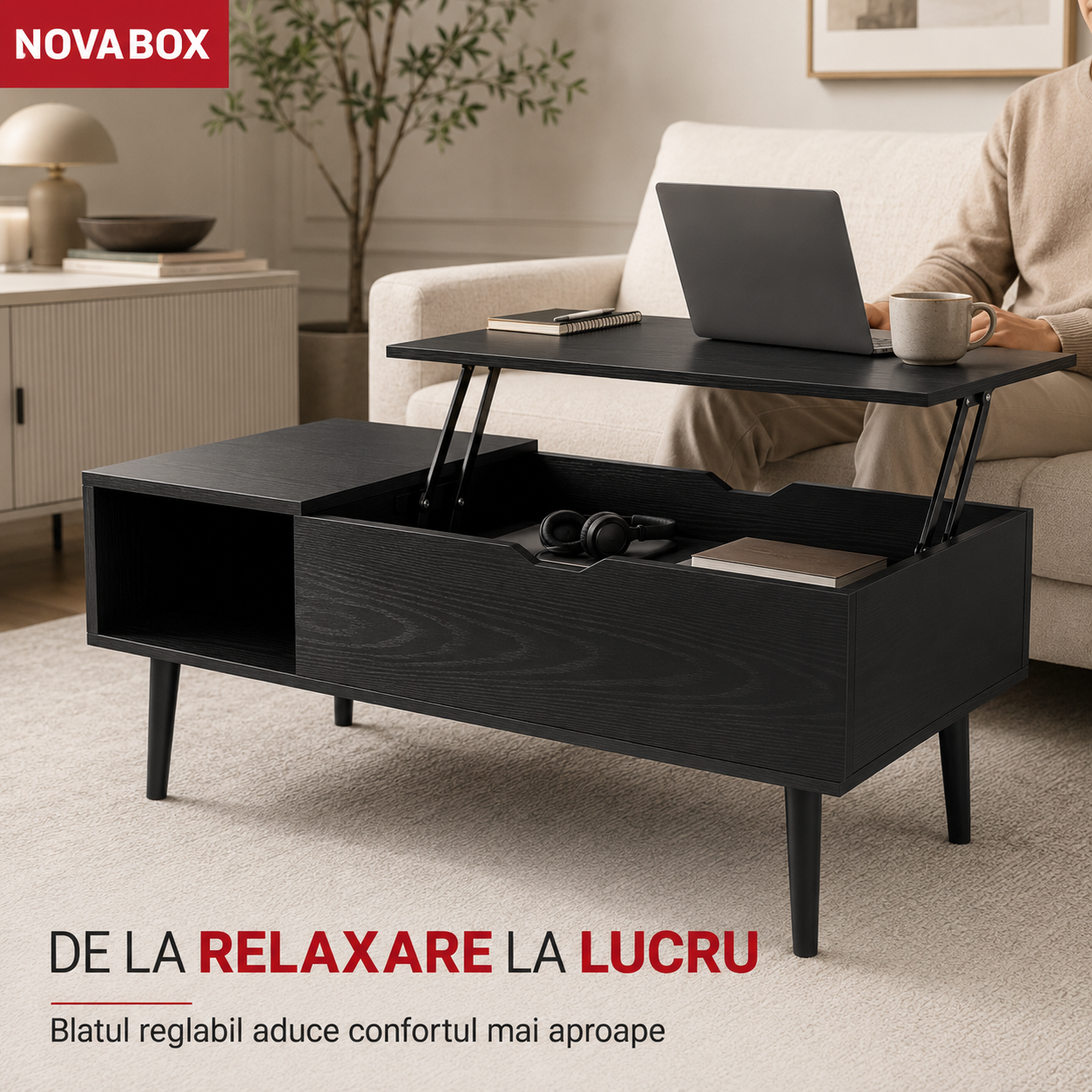 Măsuță de Cafea NOVABOX cu Blat Reglabil și Spațiu de Depozitare Ascuns, 100 × 50 cm, Negru/Maro