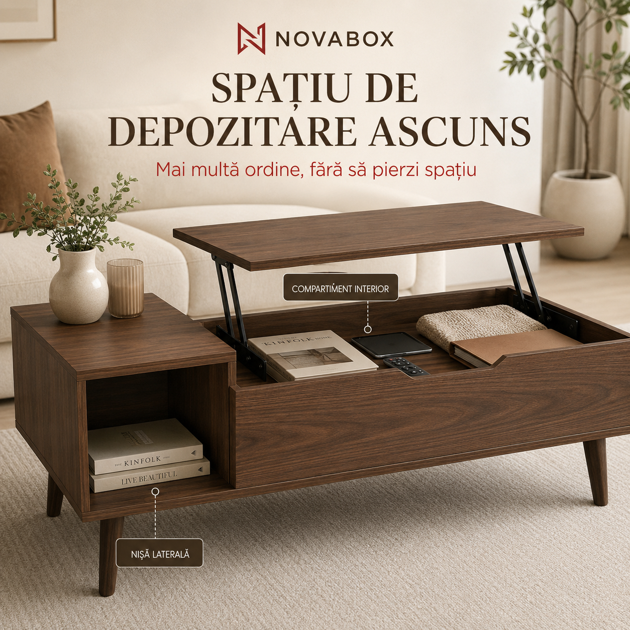 Măsuță de Cafea NOVABOX cu Blat Reglabil și Spațiu de Depozitare Ascuns, 100 × 50 cm, Negru/Maro