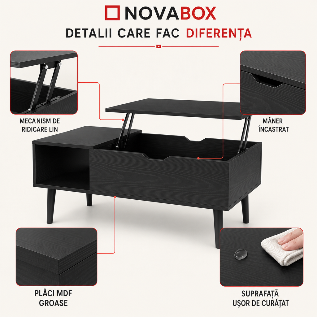 Măsuță de Cafea NOVABOX cu Blat Reglabil și Spațiu de Depozitare Ascuns, 100 × 50 cm, Negru/Maro