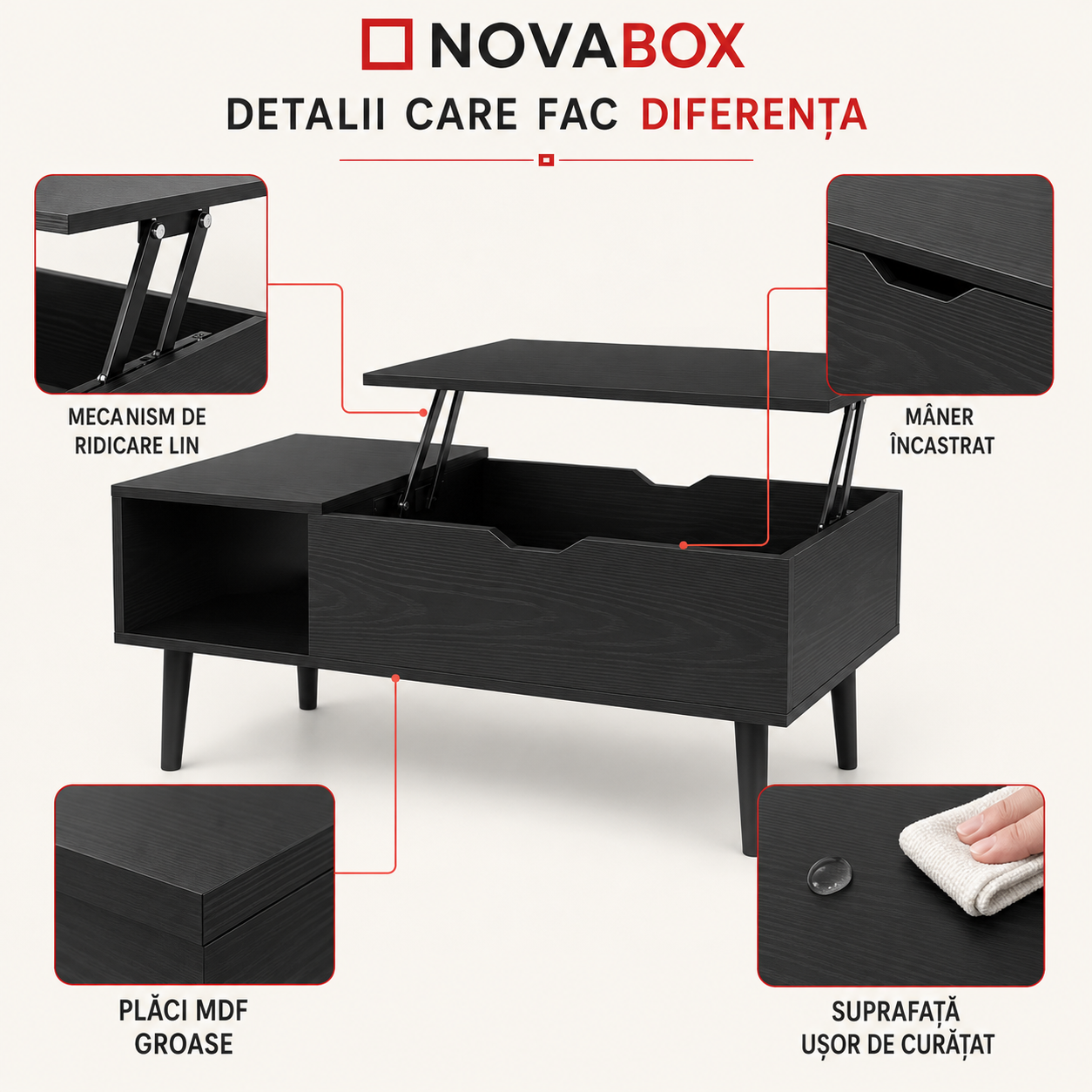 Măsuță de Cafea NOVABOX cu Blat Reglabil și Spațiu de Depozitare Ascuns, 100 × 50 cm, Negru/Maro