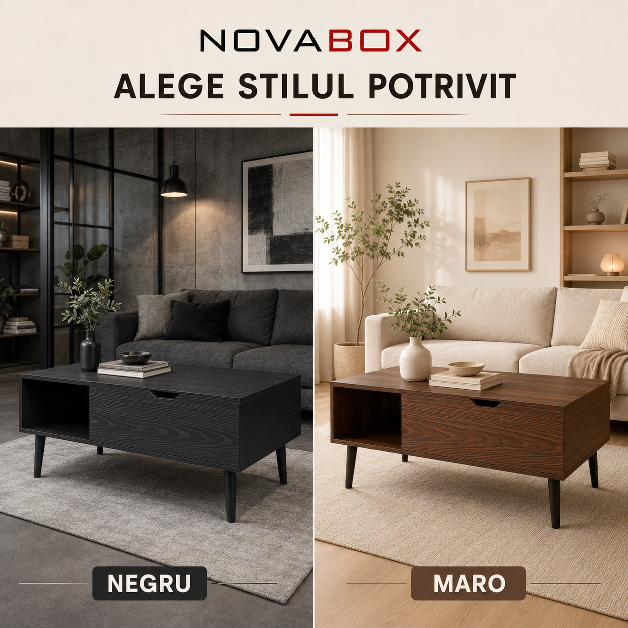 Măsuță de Cafea NOVABOX cu Blat Reglabil și Spațiu de Depozitare Ascuns, 100 × 50 cm, Negru/Maro