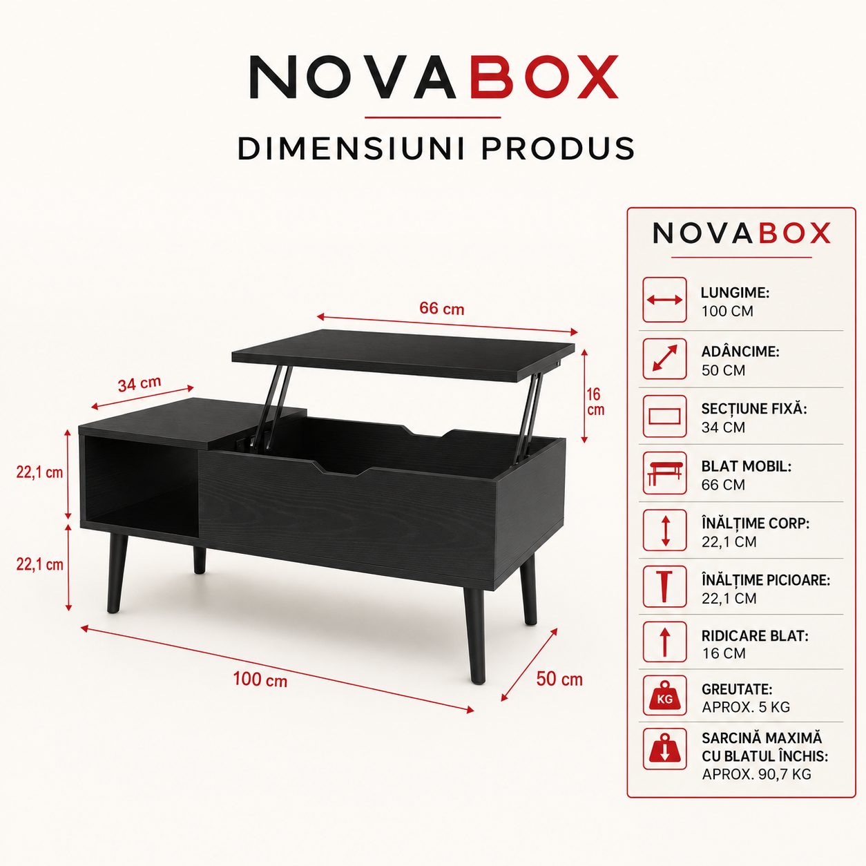 Măsuță de Cafea NOVABOX cu Blat Reglabil și Spațiu de Depozitare Ascuns, 100 × 50 cm, Negru/Maro