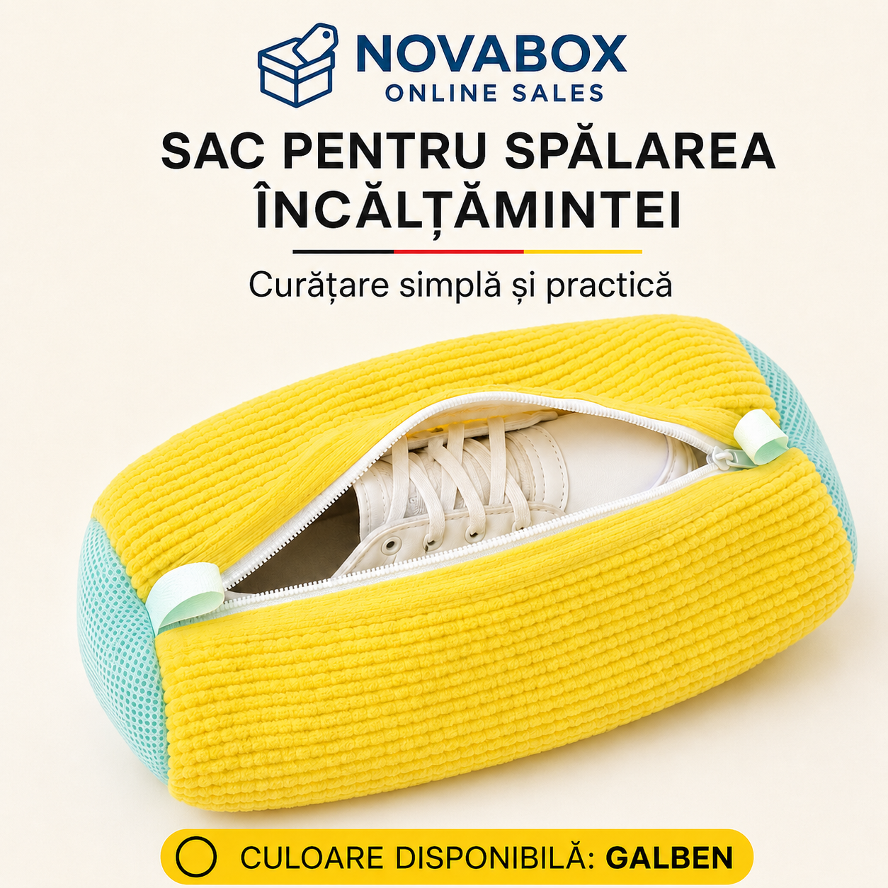 Sac NOVABOX pentru Spălarea Încălțămintei în Mașină, cu Interior Texturat și Fermoar, 39 × 19 cm, Galben