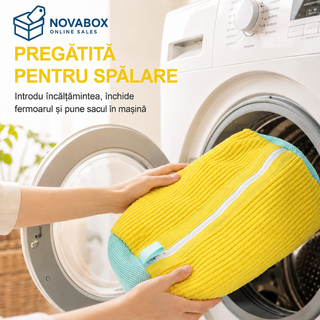 Sac NOVABOX pentru Spălarea Încălțămintei în Mașină, cu Interior Texturat și Fermoar, 39 × 19 cm, Galben