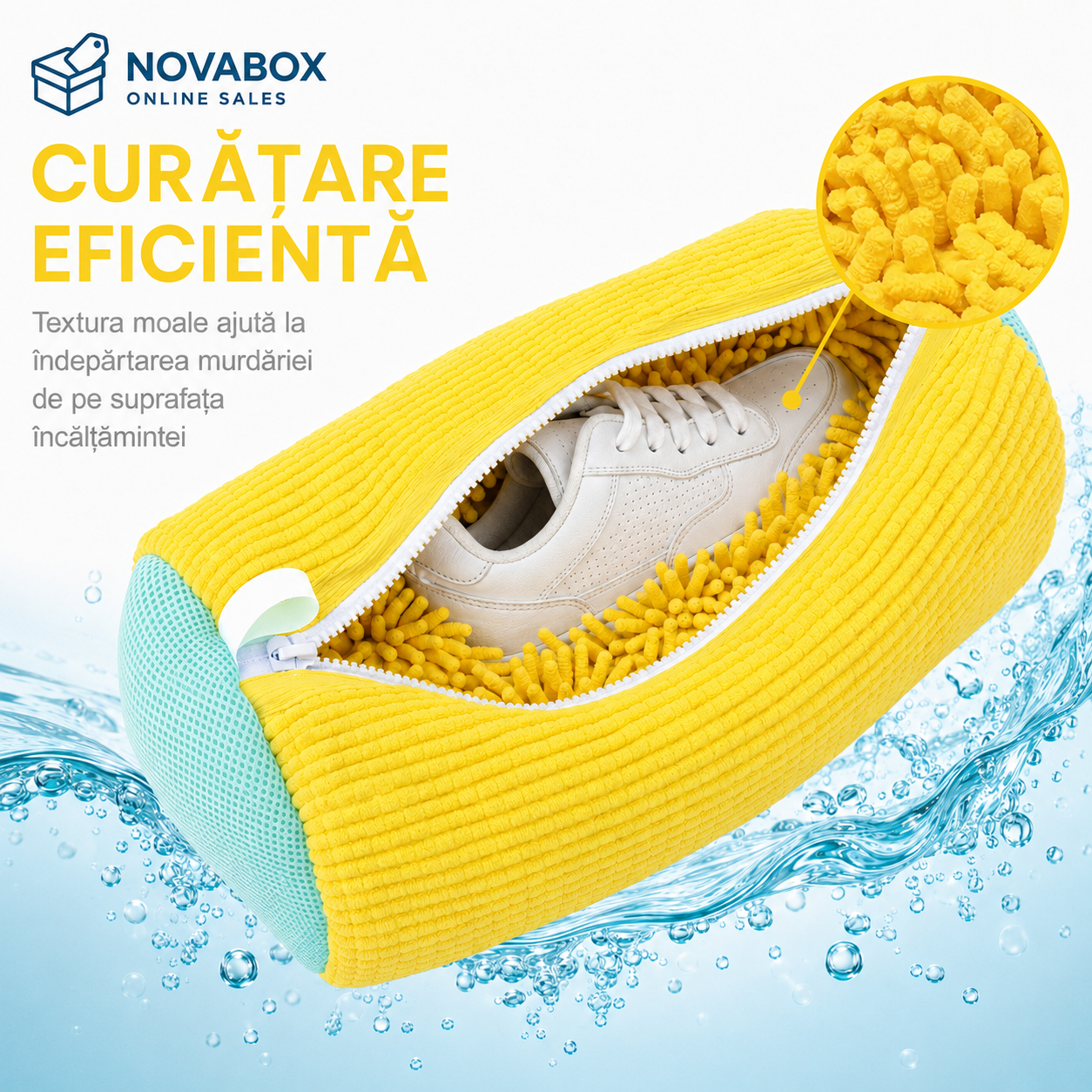 Sac NOVABOX pentru Spălarea Încălțămintei în Mașină, cu Interior Texturat și Fermoar, 39 × 19 cm, Galben