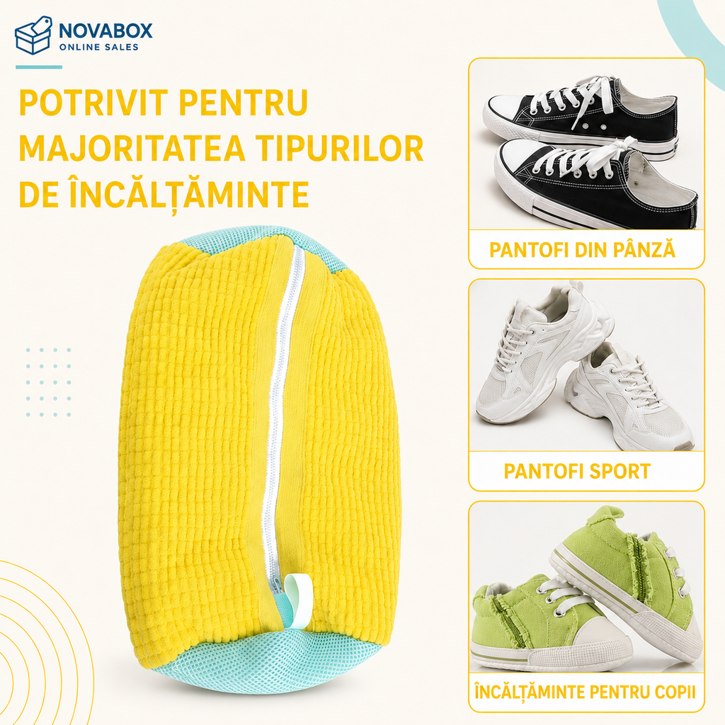 Sac NOVABOX pentru Spălarea Încălțămintei în Mașină, cu Interior Texturat și Fermoar, 39 × 19 cm, Galben