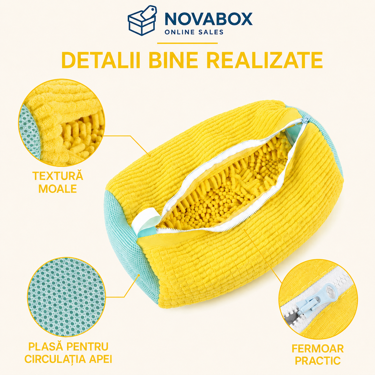 Sac NOVABOX pentru Spălarea Încălțămintei în Mașină, cu Interior Texturat și Fermoar, 39 × 19 cm, Galben