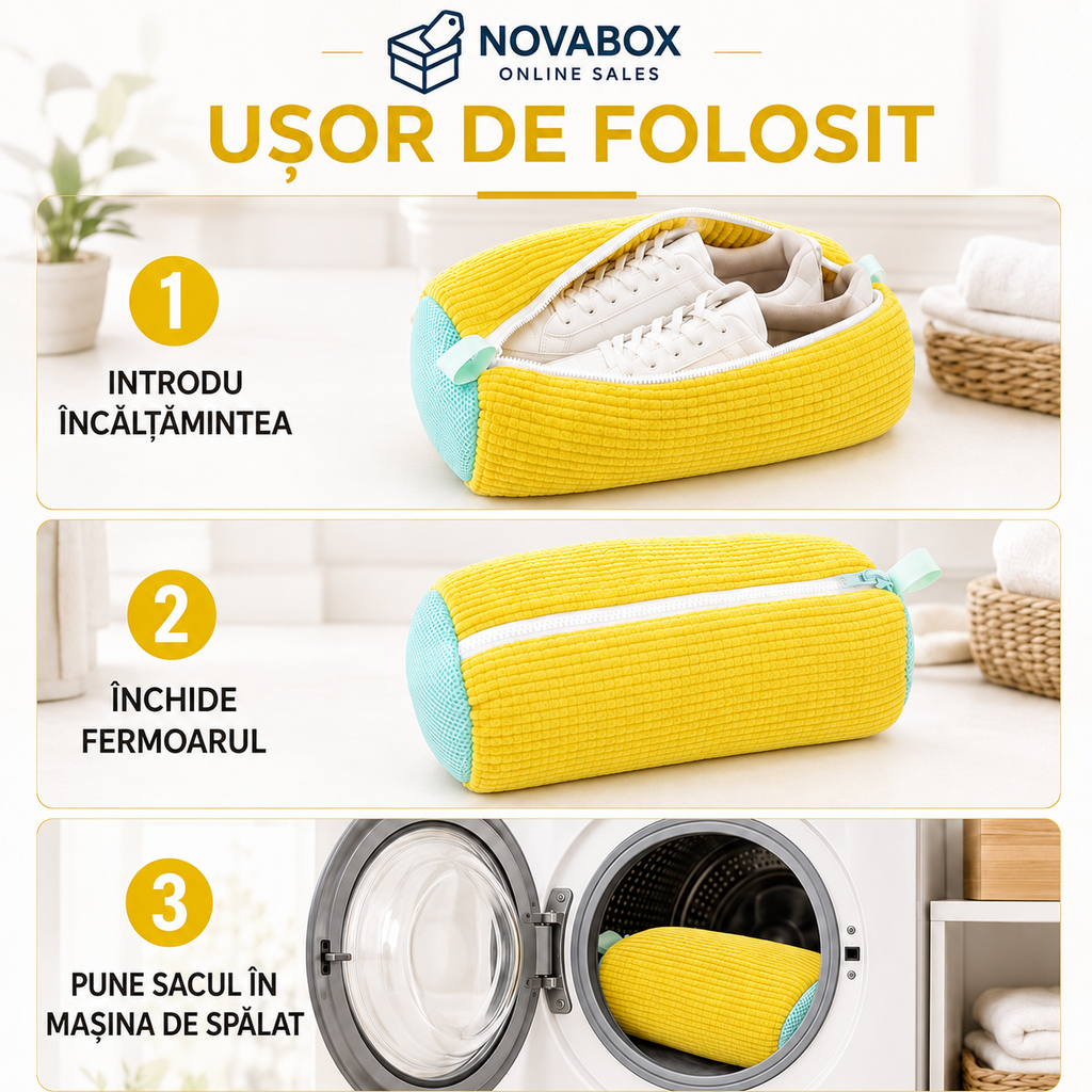 Sac NOVABOX pentru Spălarea Încălțămintei în Mașină, cu Interior Texturat și Fermoar, 39 × 19 cm, Galben