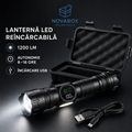 Lanternă LED Reîncărcabilă NOVABOX, 1200 lm, Zoom Telescopic, Lumină COB, Bază Magnetică, Afișaj Digital, Încărcare USB și Cutie de Transport