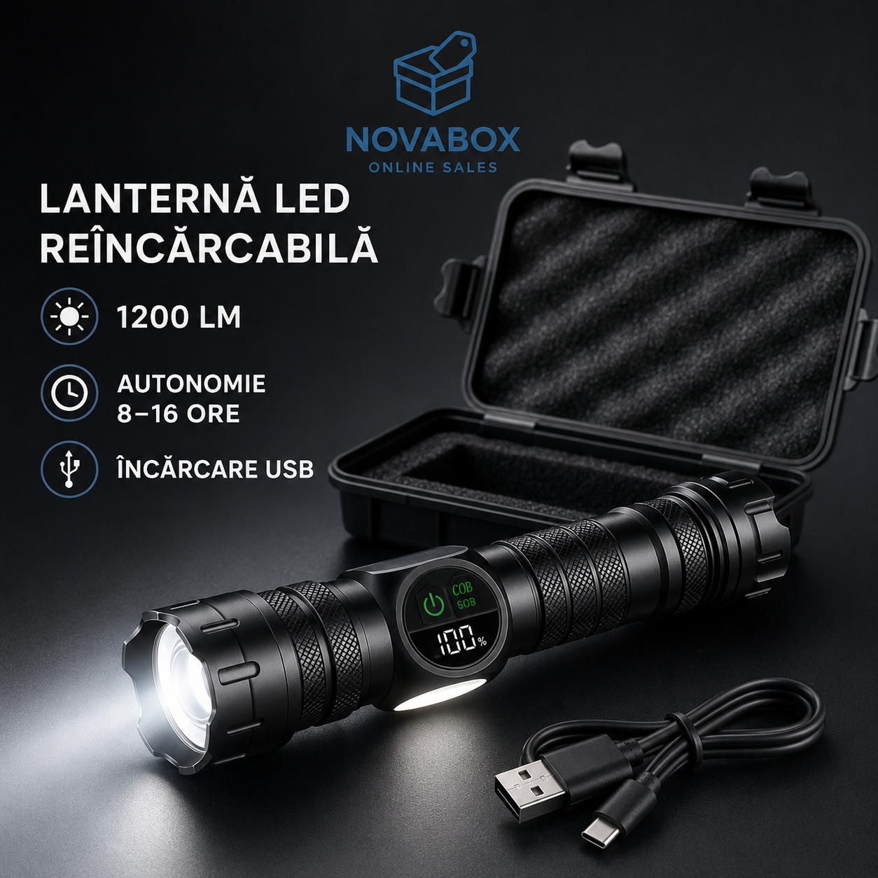 Lanternă LED Reîncărcabilă NOVABOX, 1200 lm, Zoom Telescopic, Lumină COB, Bază Magnetică, Afișaj Digital, Încărcare USB și Cutie de Transport