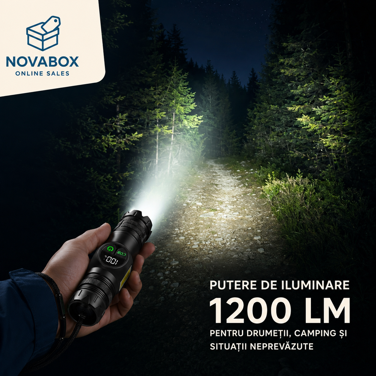 Lanternă LED Reîncărcabilă NOVABOX, 1200 lm, Zoom Telescopic, Lumină COB, Bază Magnetică, Afișaj Digital, Încărcare USB și Cutie de Transport