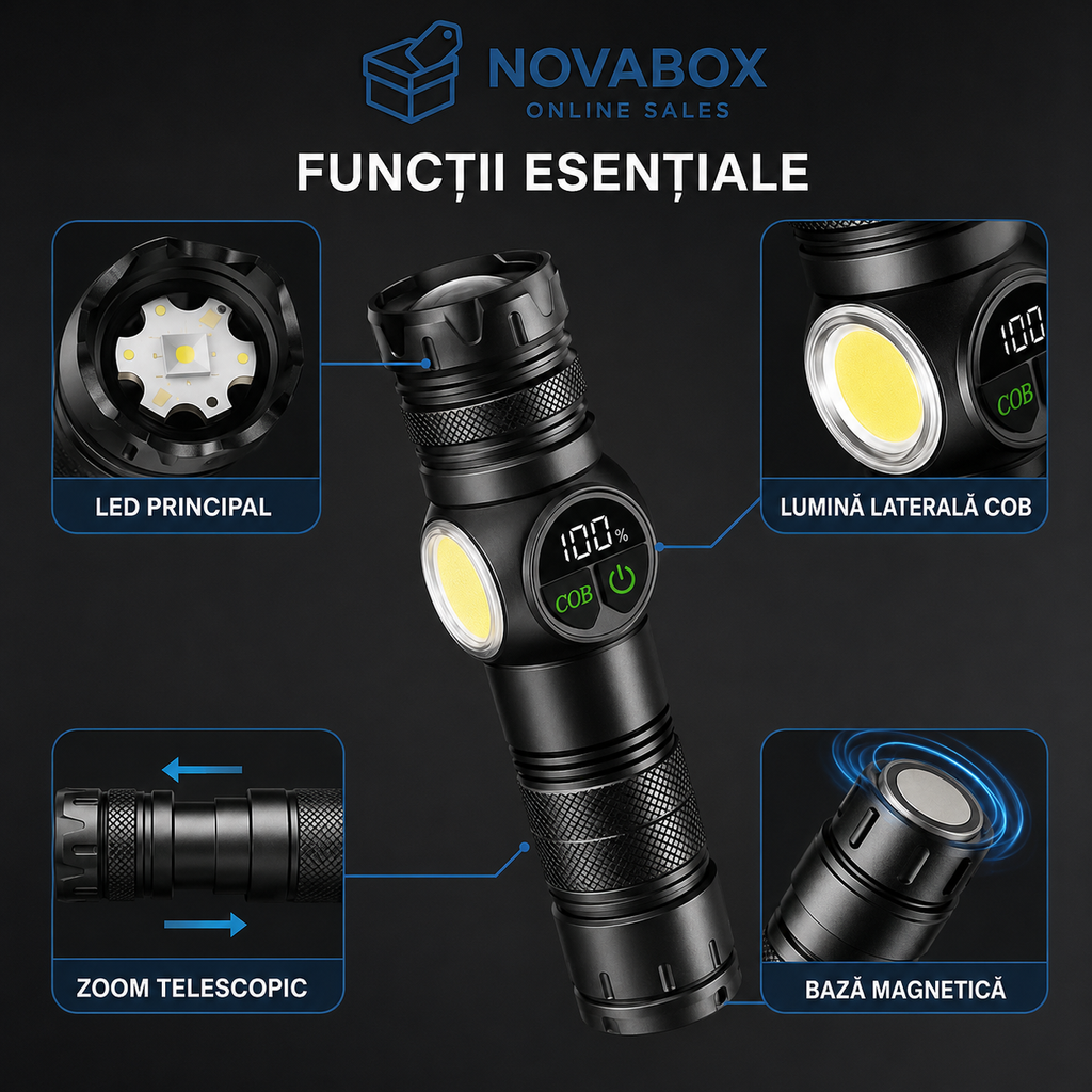 Lanternă LED Reîncărcabilă NOVABOX, 1200 lm, Zoom Telescopic, Lumină COB, Bază Magnetică, Afișaj Digital, Încărcare USB și Cutie de Transport