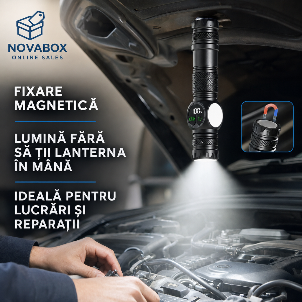 Lanternă LED Reîncărcabilă NOVABOX, 1200 lm, Zoom Telescopic, Lumină COB, Bază Magnetică, Afișaj Digital, Încărcare USB și Cutie de Transport