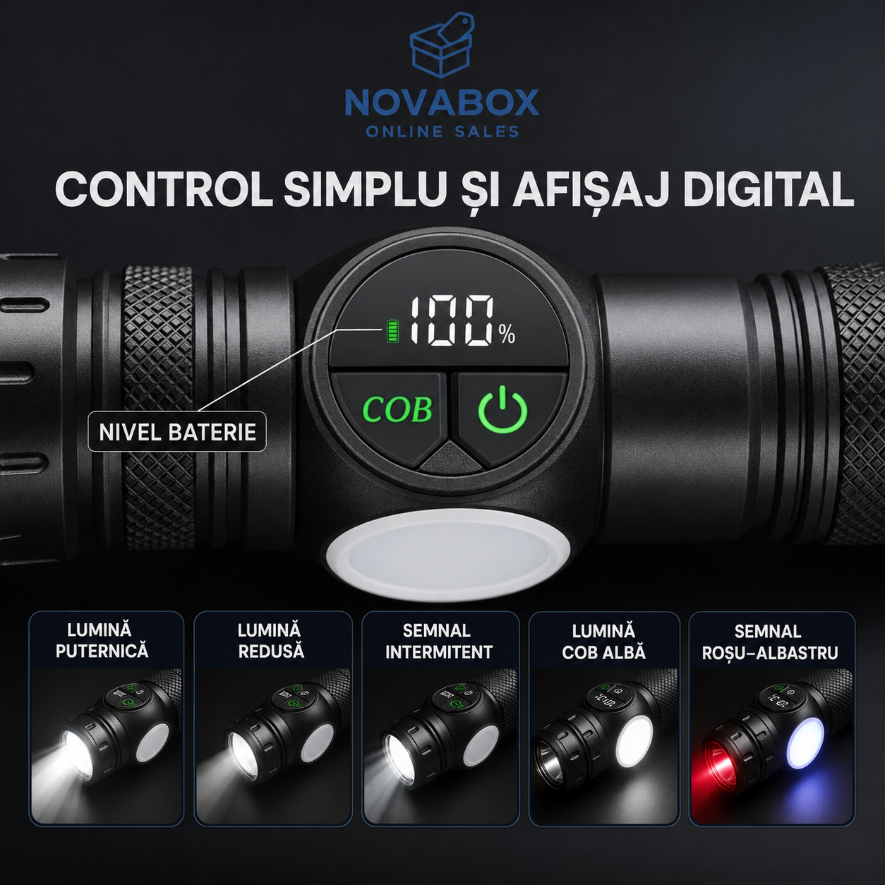 Lanternă LED Reîncărcabilă NOVABOX, 1200 lm, Zoom Telescopic, Lumină COB, Bază Magnetică, Afișaj Digital, Încărcare USB și Cutie de Transport