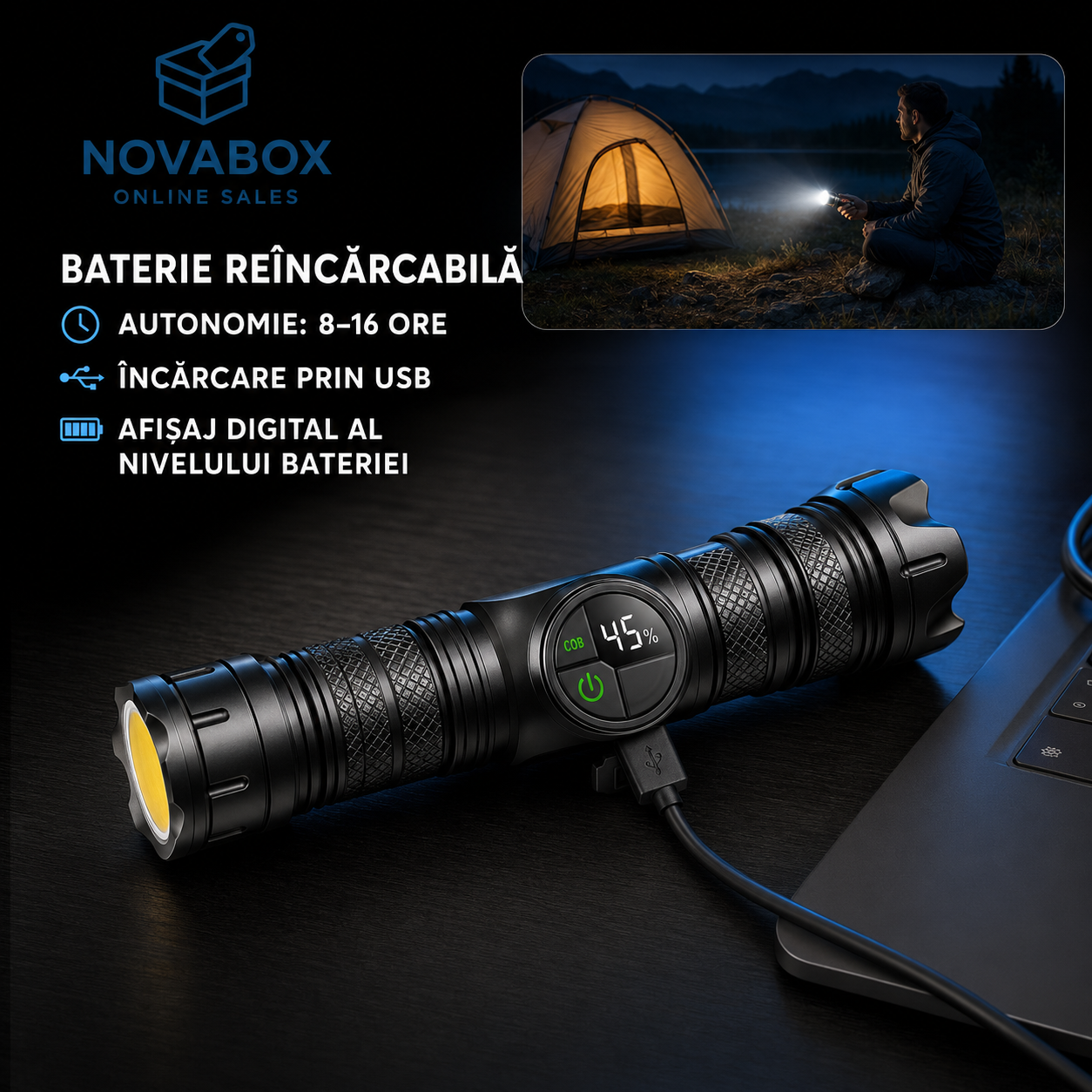 Lanternă LED Reîncărcabilă NOVABOX, 1200 lm, Zoom Telescopic, Lumină COB, Bază Magnetică, Afișaj Digital, Încărcare USB și Cutie de Transport
