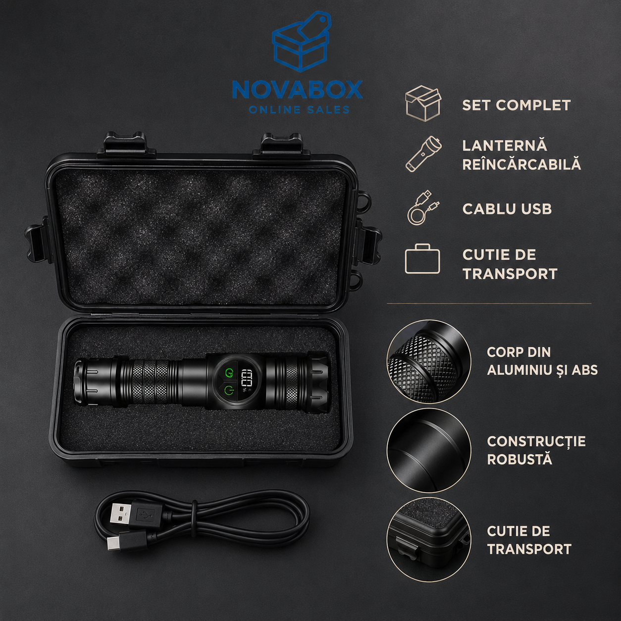 Lanternă LED Reîncărcabilă NOVABOX, 1200 lm, Zoom Telescopic, Lumină COB, Bază Magnetică, Afișaj Digital, Încărcare USB și Cutie de Transport